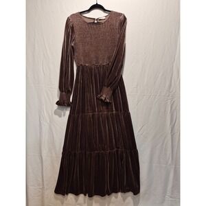In Loom Maxi Dress Med Brown Velvet Tiered Ruffle Cottagecore Boho Chic Prairie